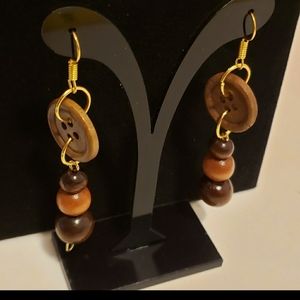 Recycled Wood Button and Bead Earrings